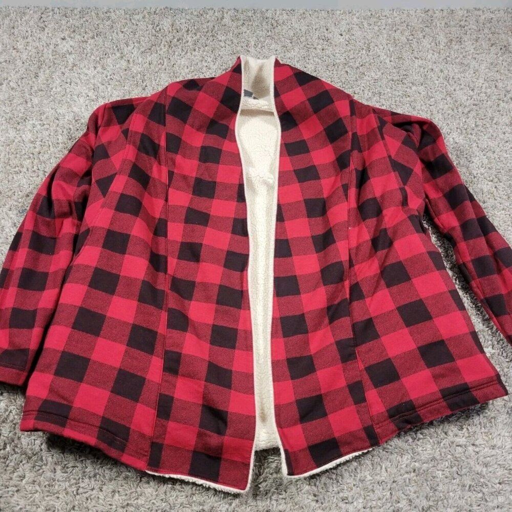Eddie Bauer Flannel Shirt Jacket Womens Small Red Buffalo Plaid Open Sherpa Line